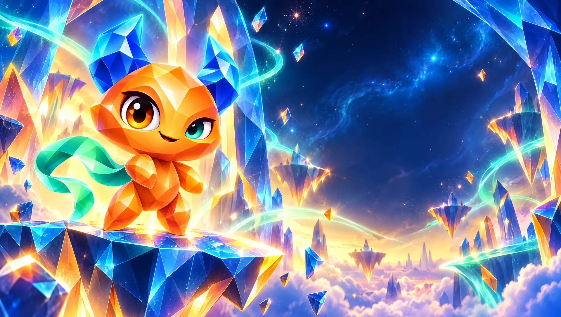 The Prism Imp standing on a crystal ledge, looking out over a glowing crystal landscape
