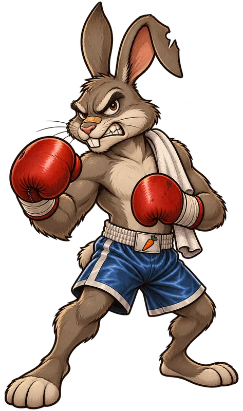 The Raging Rabbit, gloves up, in a 1940s boxing gym